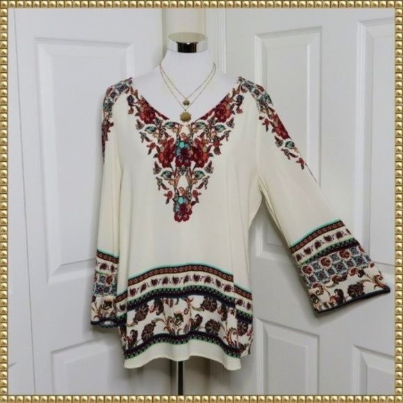 Fig & Flower Tops - Fig & Flower Bell Sleeve Boho Print Top Size Large